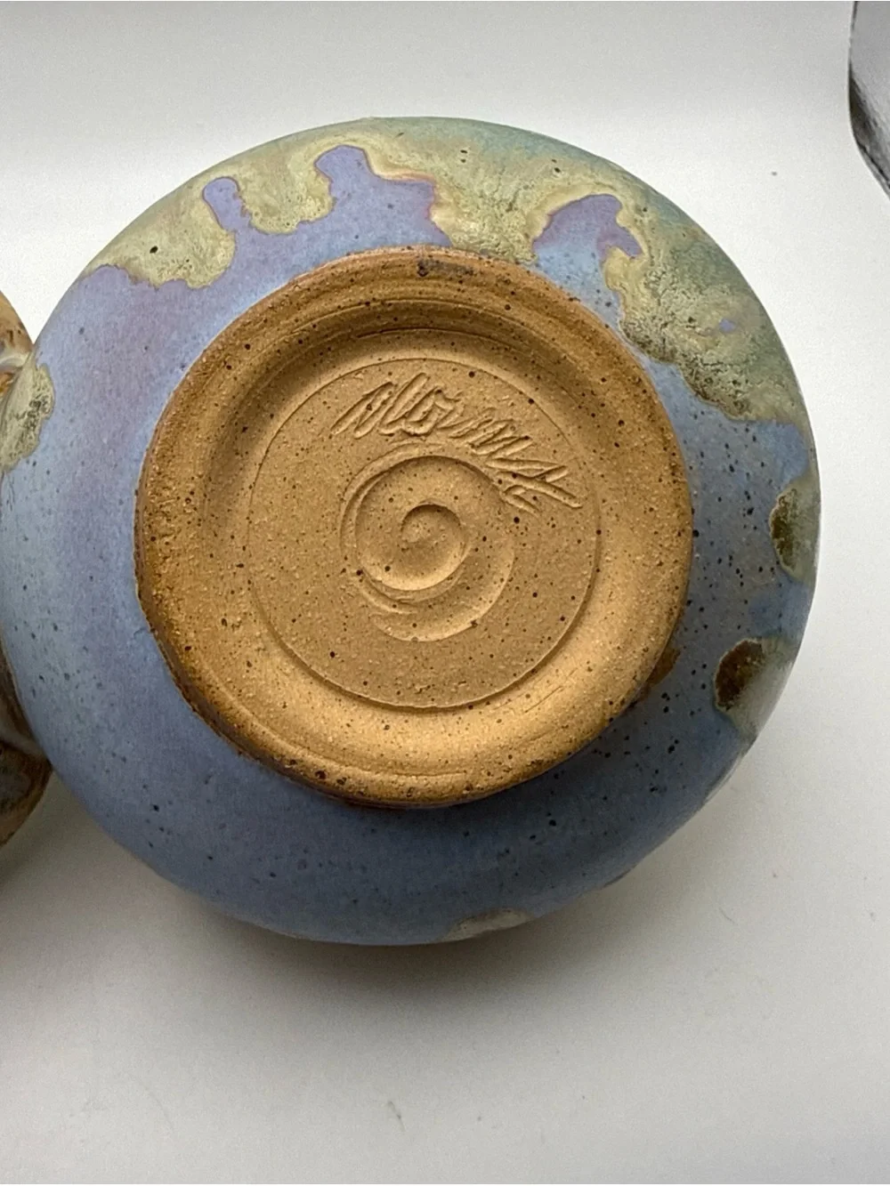 Studio Handmade Pottery Double Serving Dish Aqua Blue Periwinkle & Brown Signed